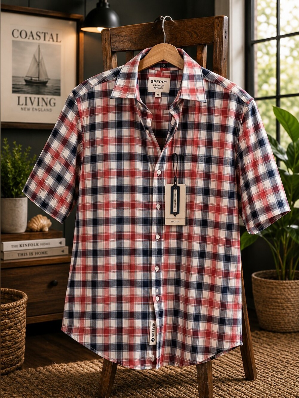Sperry Premium Men’s Red Navy & White Plaid Shirt – Size M – NWT